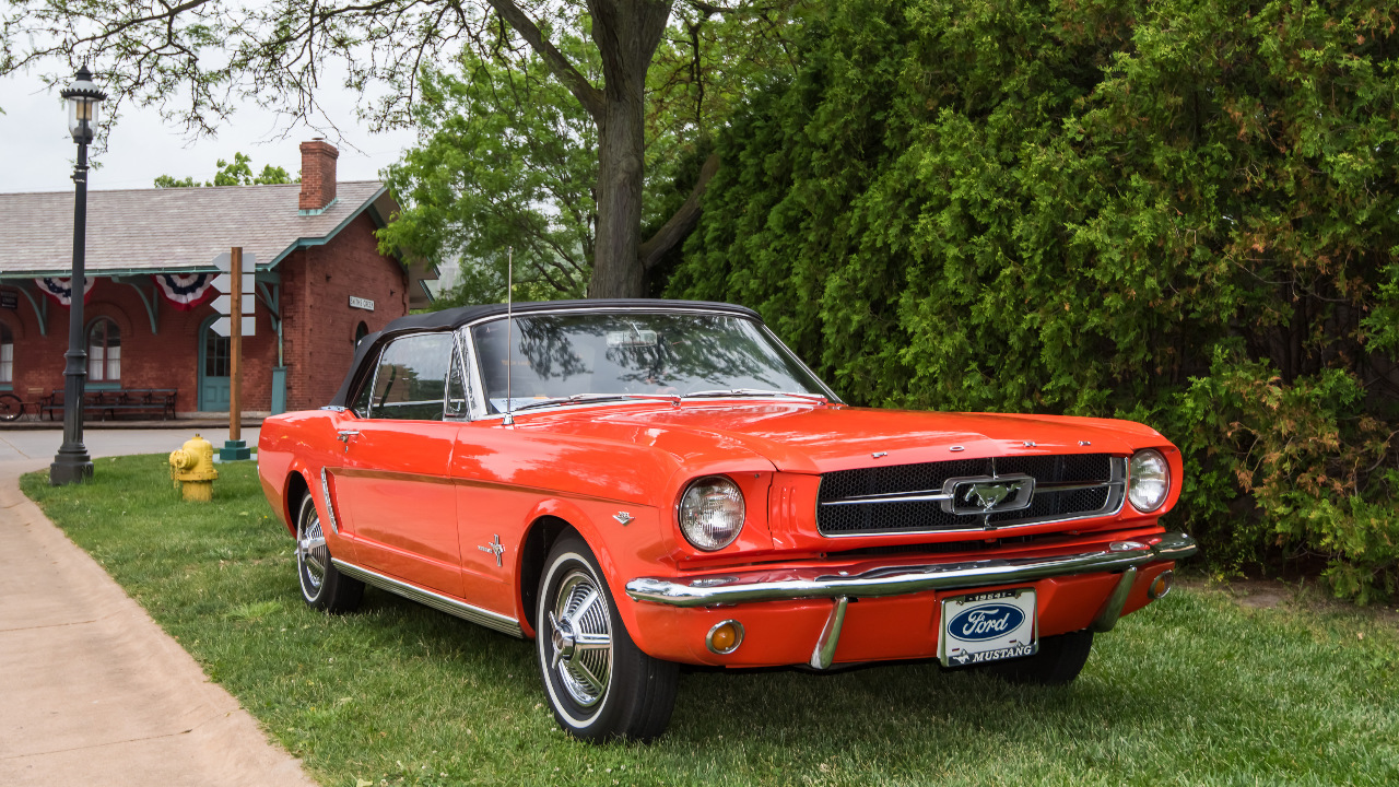 A 1964 1/2 Ford Mustang car at the The Henry Ford (THF) Motor Muster car show
