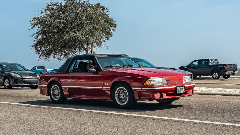 Wide angle front corner view of a 1989 Ford Mustang GT 5.0