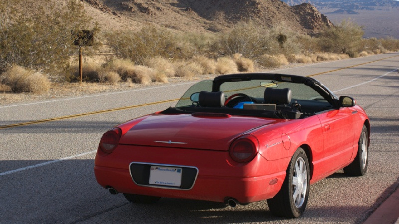 Red 2002 model Ford Thunderbird in Joshua Tree National Park