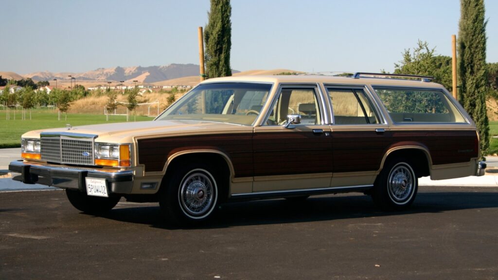 A drivers side view of a like-new 1982 Ford LTD Country Squire