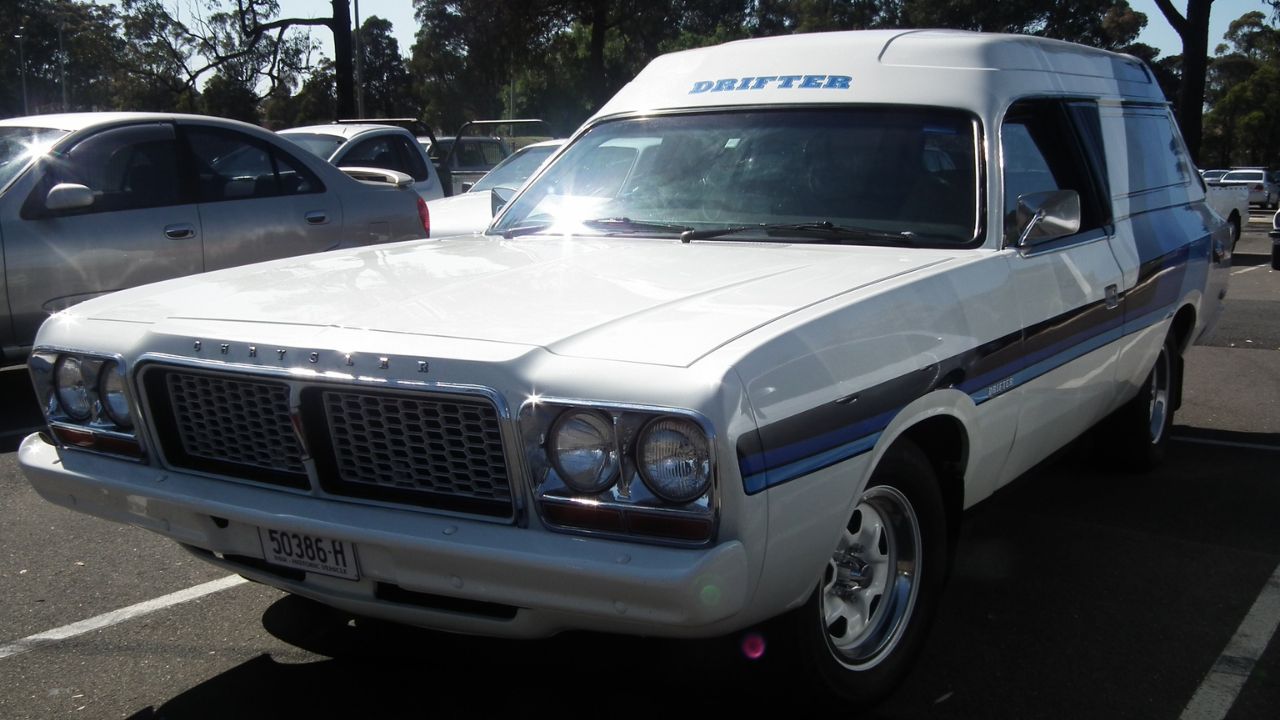 1977 Chrysler CL Valiant Drifter panel van. Taken in the carpark outside the 2014 New South Wales All Chrysler Day, held at Fairfield Showground, Prairiewood, Sydney.