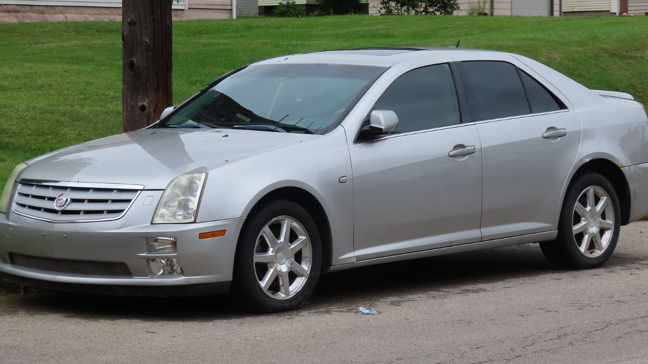 2005 Cadillac STS V8 photographed in New Castle, Pennsylvania. Finished in Light Platinum