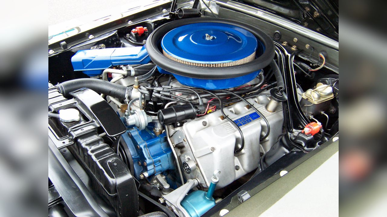 Ford Boss 429 engine in a Ford Mustang Boss 429. 1359 of these cars were built to homologate the engine for NASCAR. The Boss 429 was a "385" series big-block.