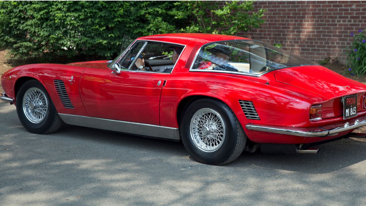 1969 Iso Grifo in Rosso Chiaro (Darren Frank), rear left, leaving Greenwich 2019