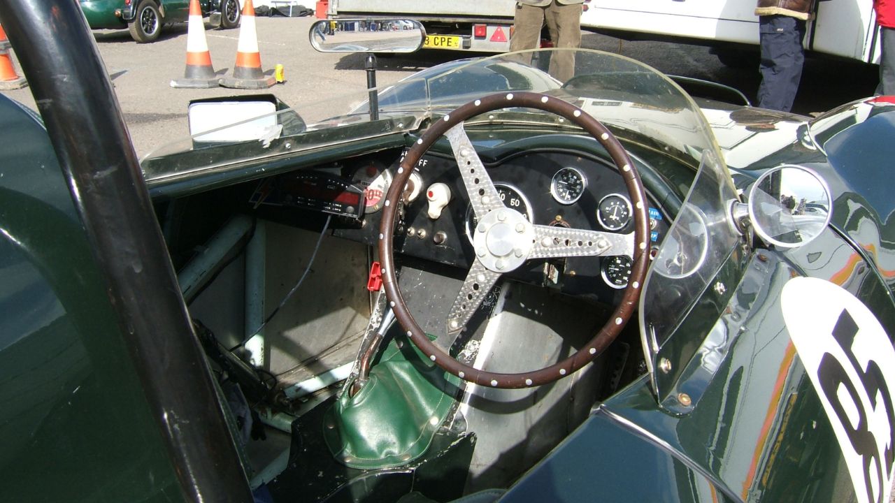 The cockpit of a Jaguar D-type-based