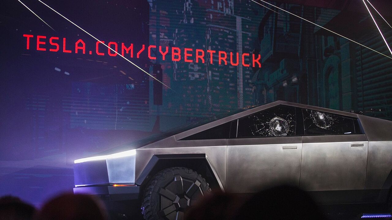 Tesla Cybertruck with broken windows