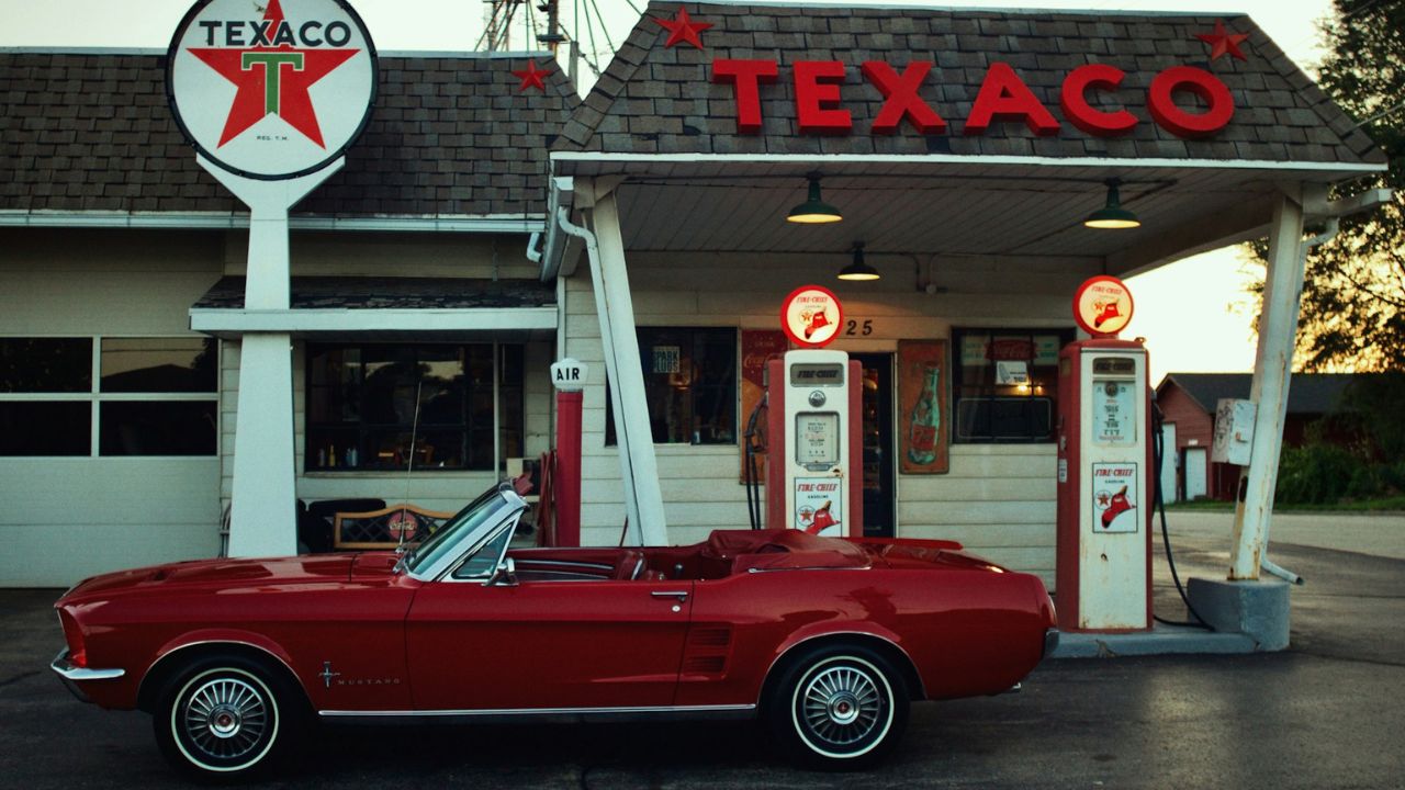classic car at gas station