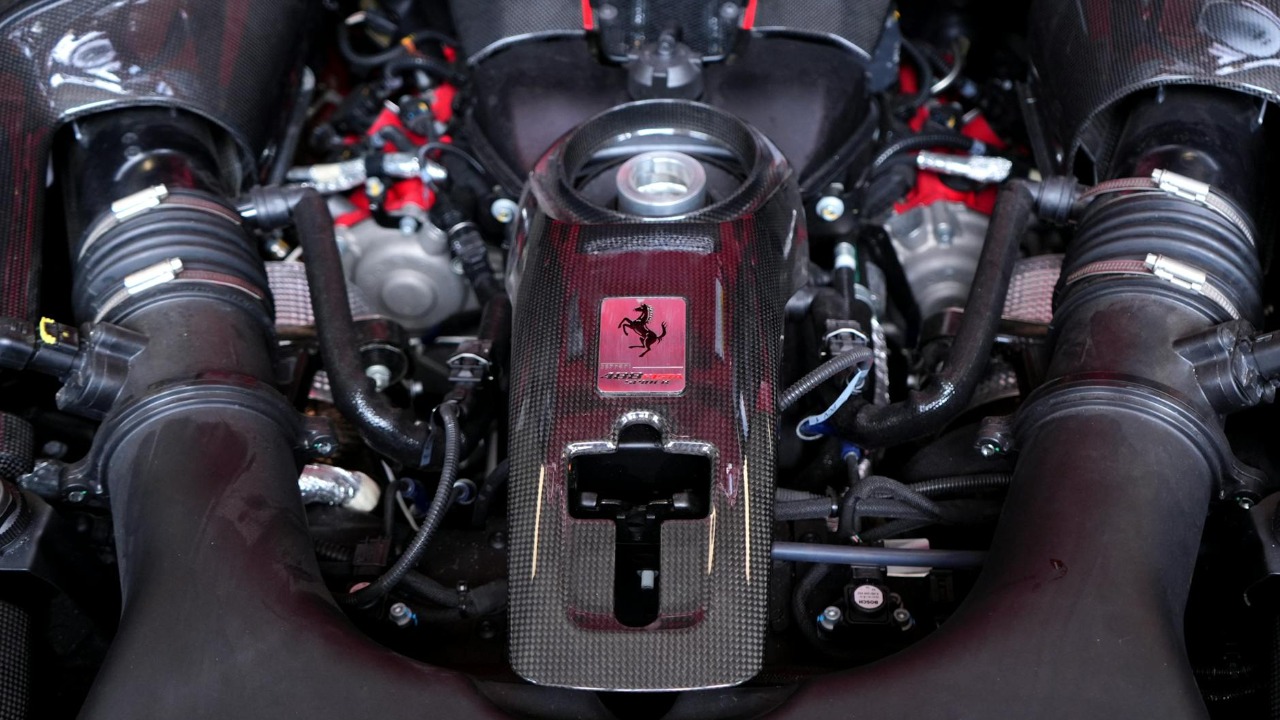 High-resolution image of a Ferrari engine showcasing complex mechanical components.