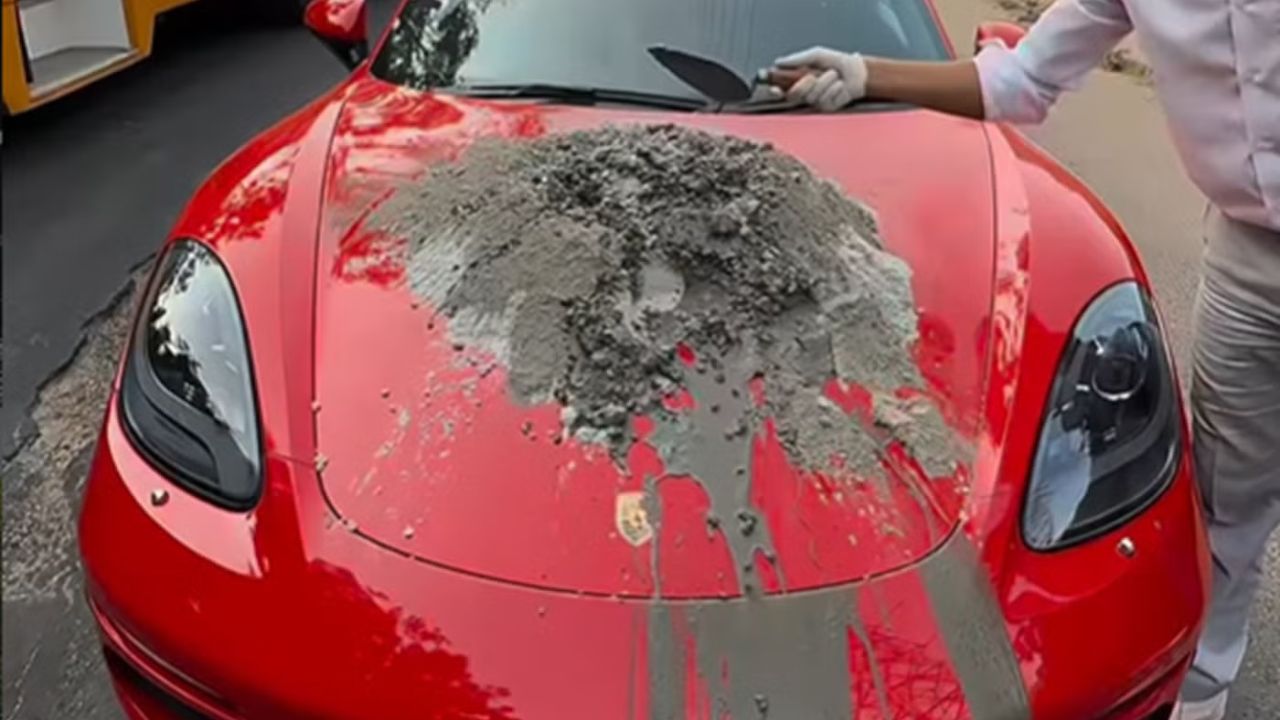 Man mixes concrete on a Porsche Boxster hood to show off PPF durability