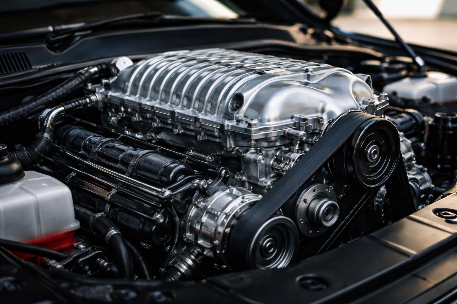 Close-up view of a Hellcat supercharger mounted on an engine, showing detailed mechanical components in an engine bay.