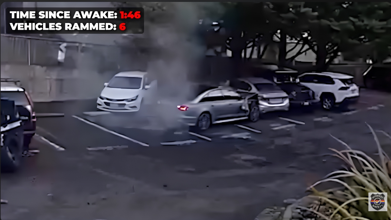 Sleeping driver wakes up and rams six vehicles in desperate bid to escape police