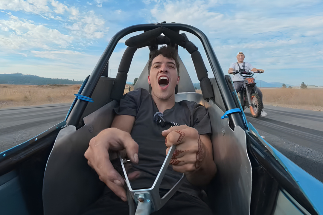 Adults cram into $3,000 kid’s dragster with dry-rotted slicks for high-speed test