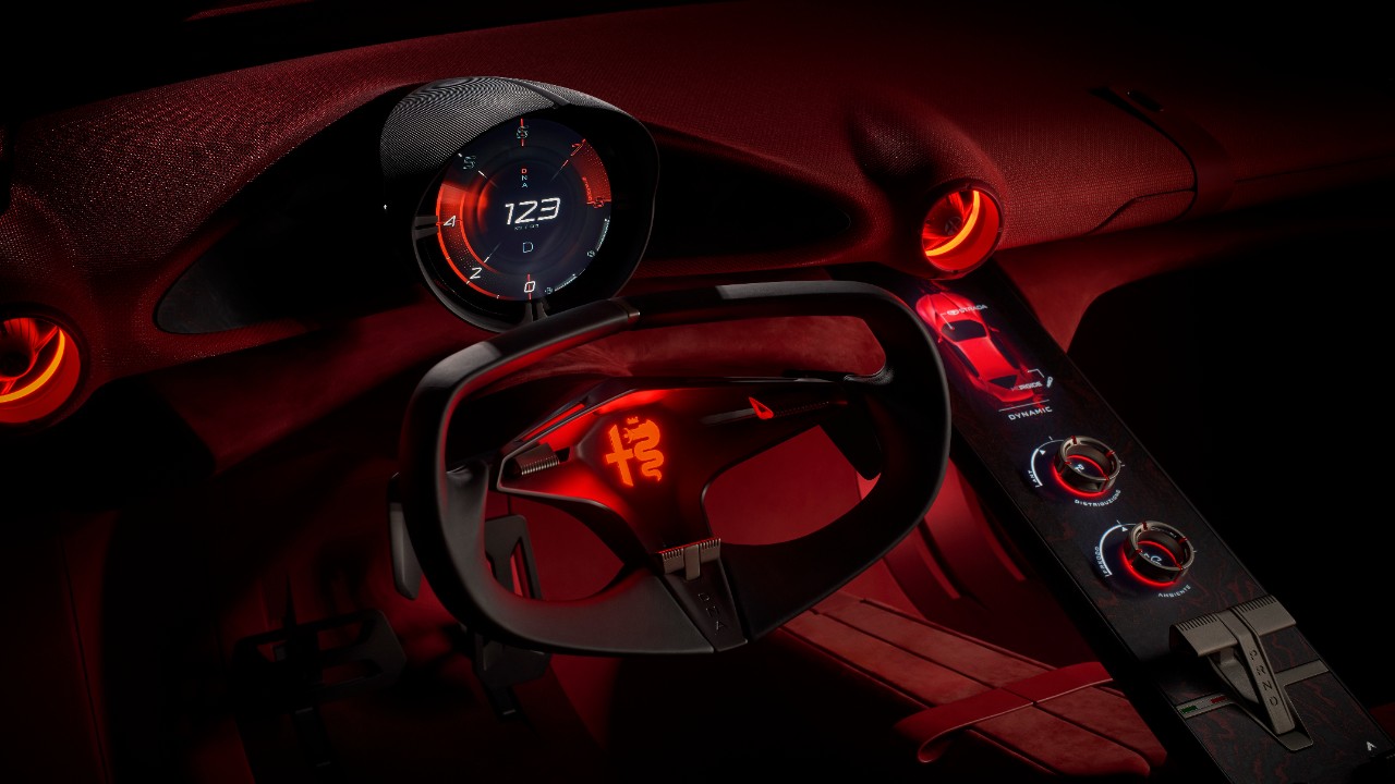The steering wheel and displays of the Alfa Romeo Cuorerosso concept
