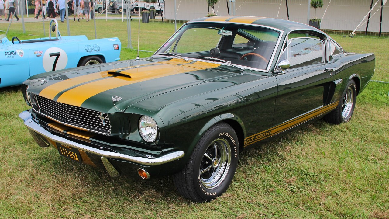 A 1966 Hertz GT350H in green with gold stripes