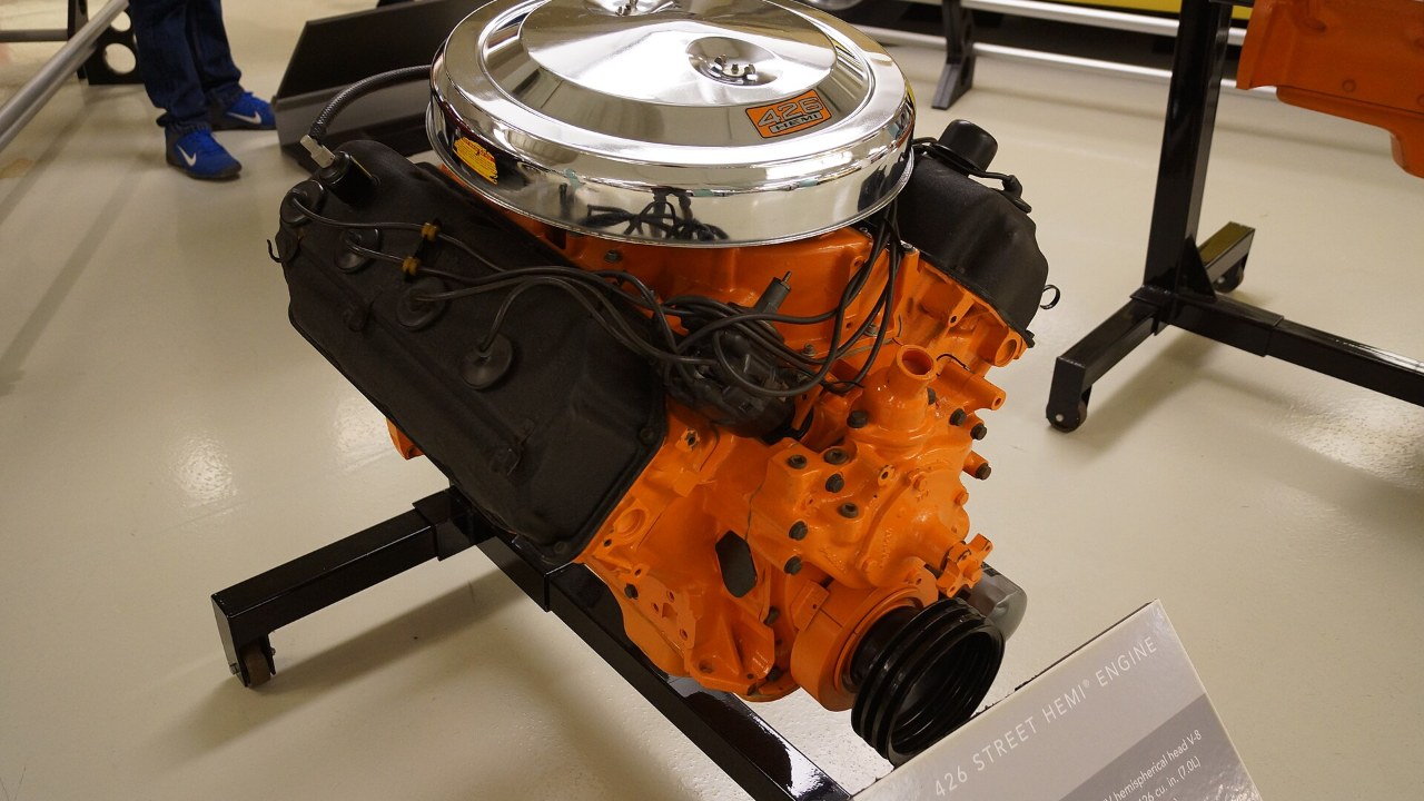 A 1966 426 Street Hemi engine on a stand, the engine behind the Hemi name