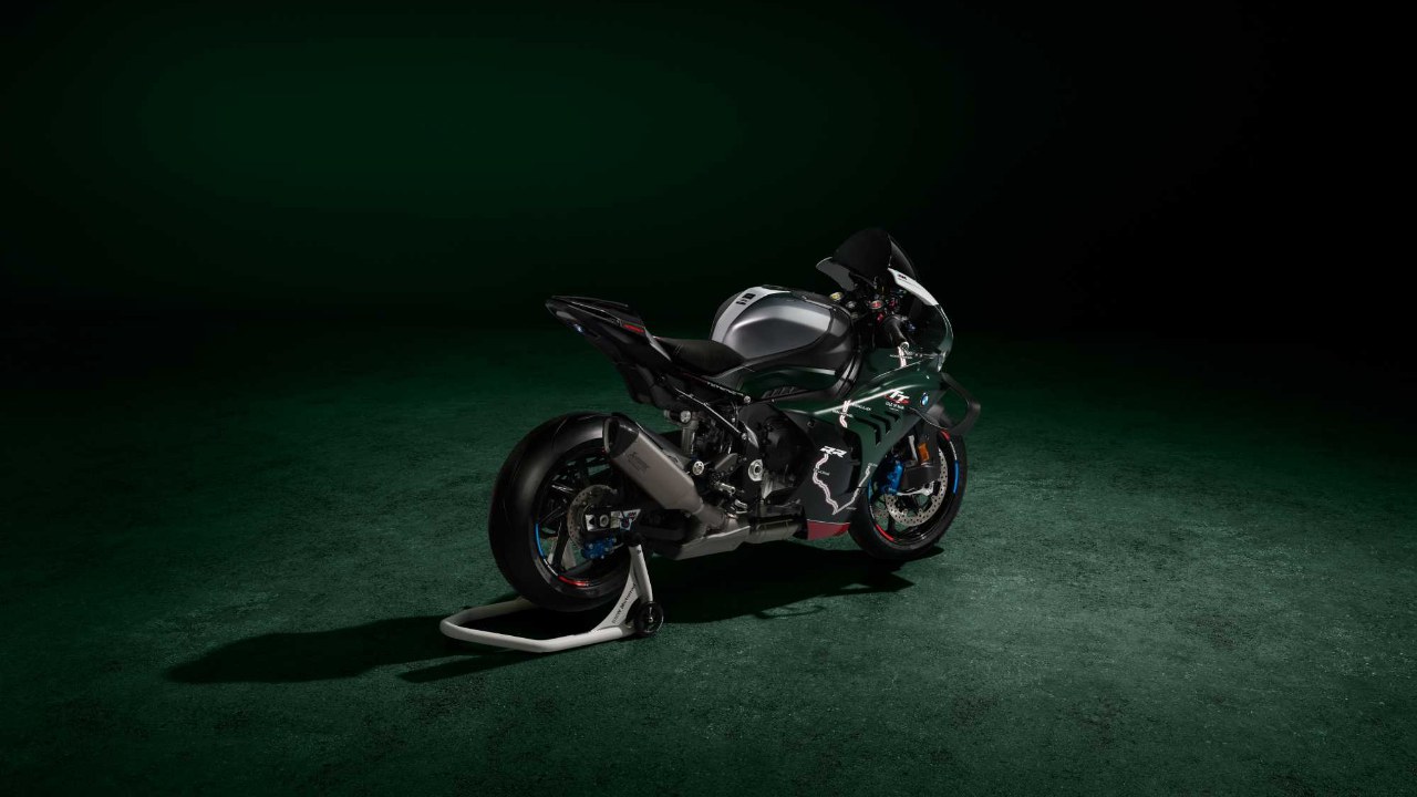 Rear three-quarter view of the BMW M 1000 RR Isle of Man TT edition on a stand