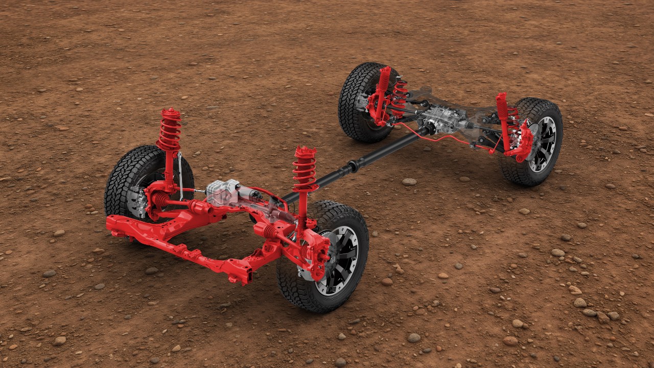 Chassis rendering of the 2027 Passport TrailSport with redesigned suspension components in red