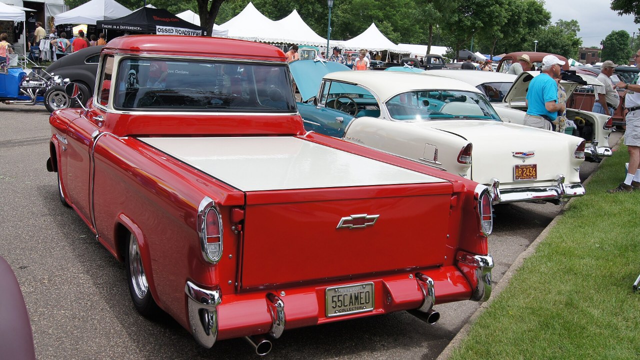 Rear of a 1955 Chevrolet Cameo Carrier showing its flush fiberglass bed sides