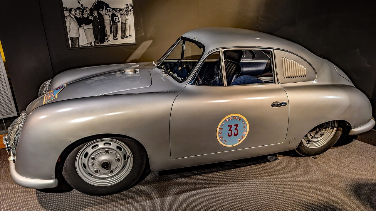 A 1951 Porsche 356 SL Gmünd coupe in Le Mans trim