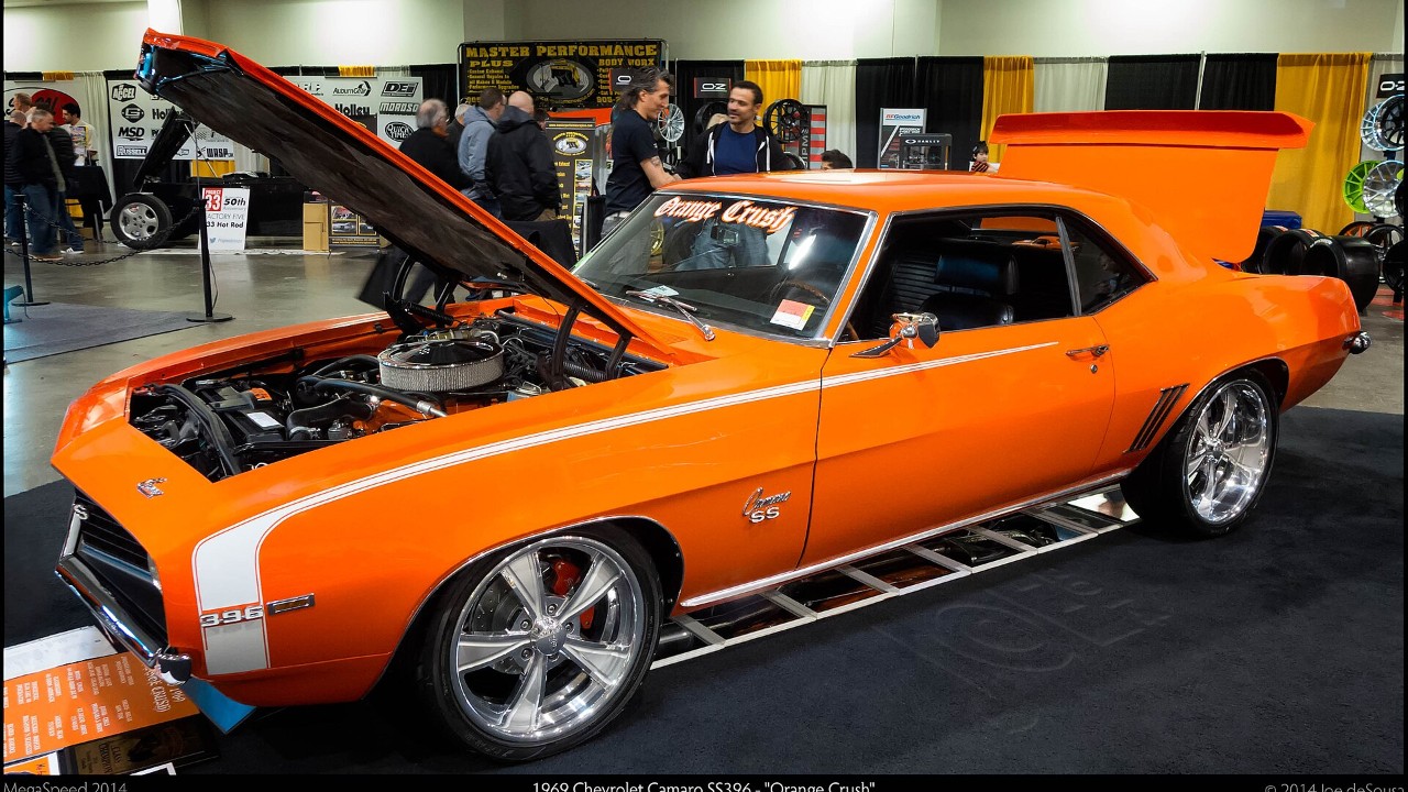 A 1969 Camaro SS 396 with its big-block on show, the engine family the Camaro L89 option built on