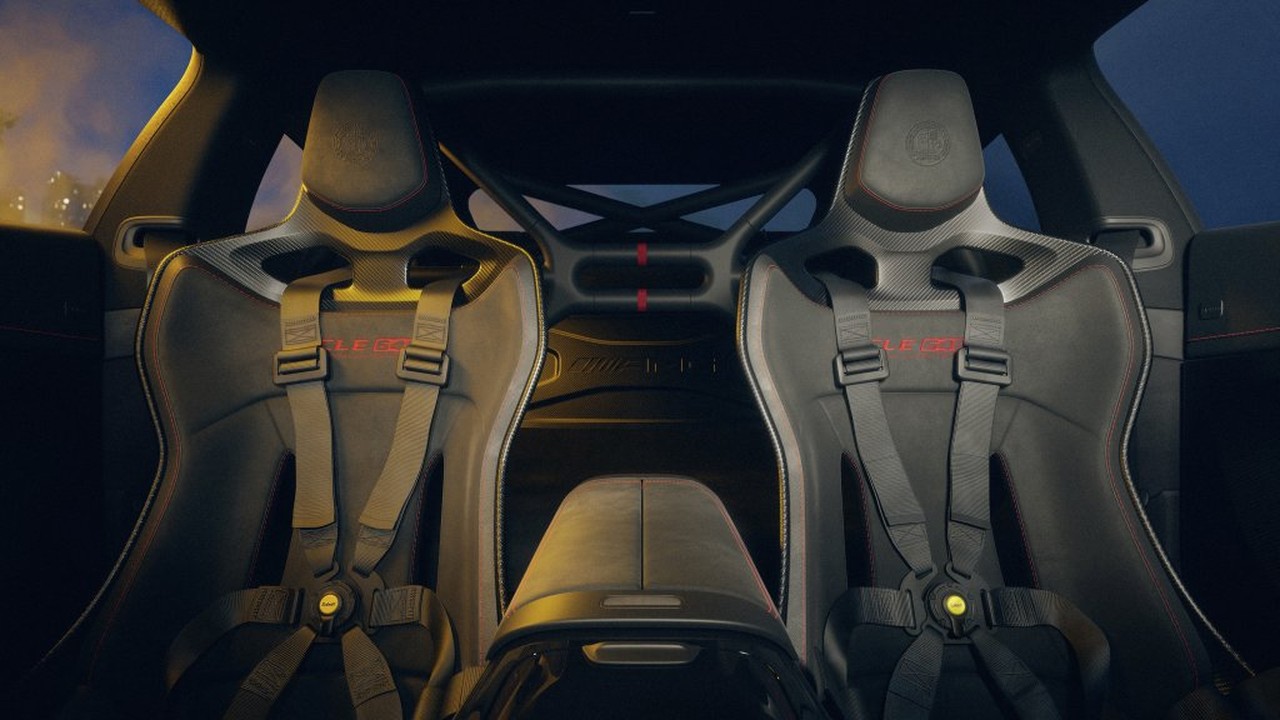 Racing bucket seats with harnesses and the roll bar inside the AMG CLE 646 Spezialanfertigung (European model shown)