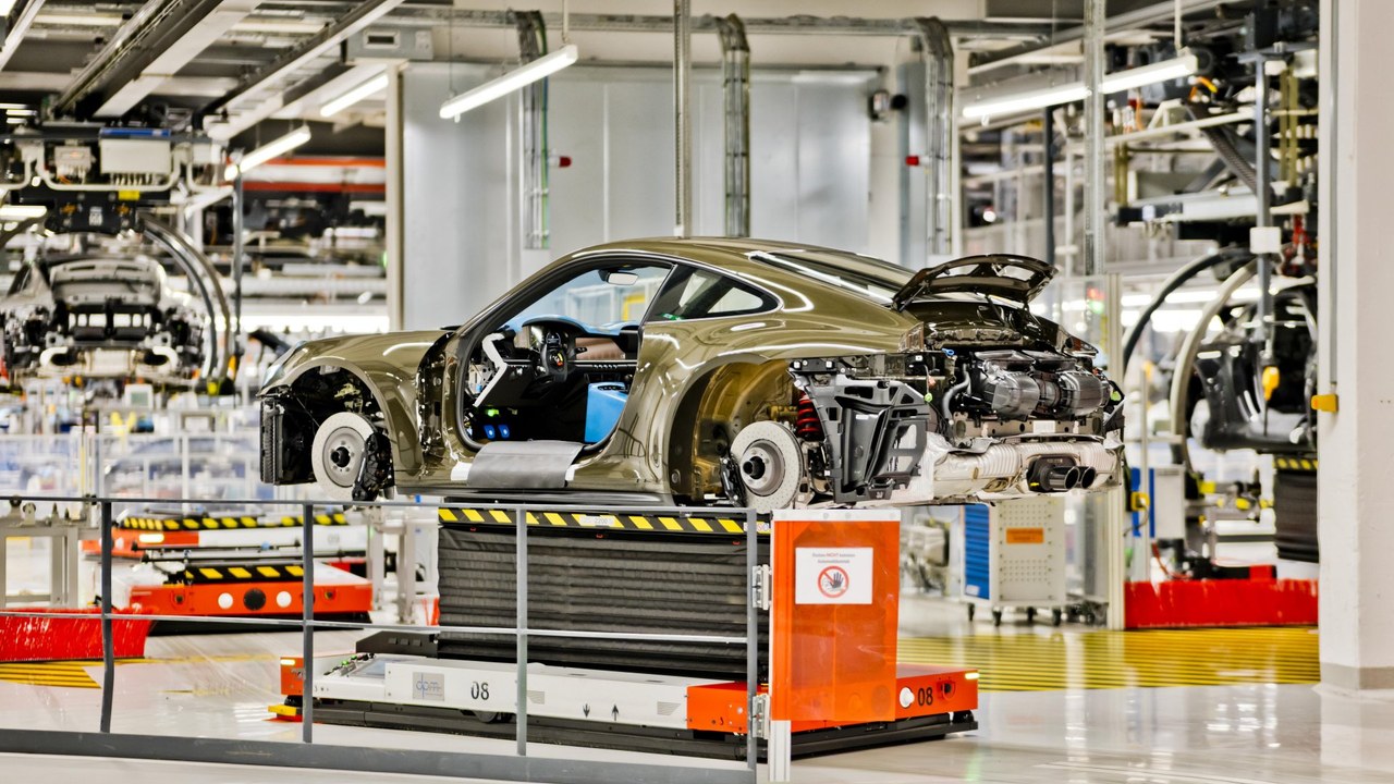 A GT3 Bergsport body on the Porsche assembly line in Zuffenhausen