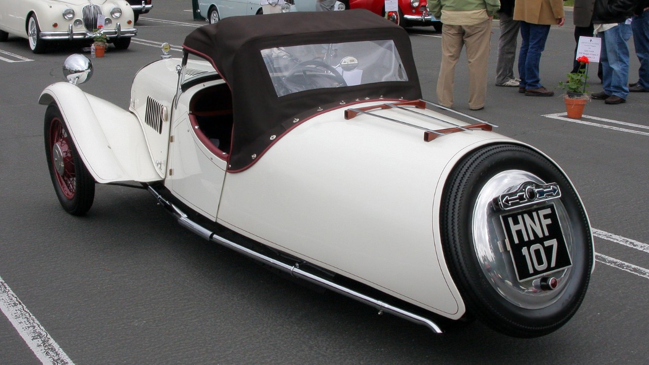 A white 1947 Morgan F-Super three-wheeler