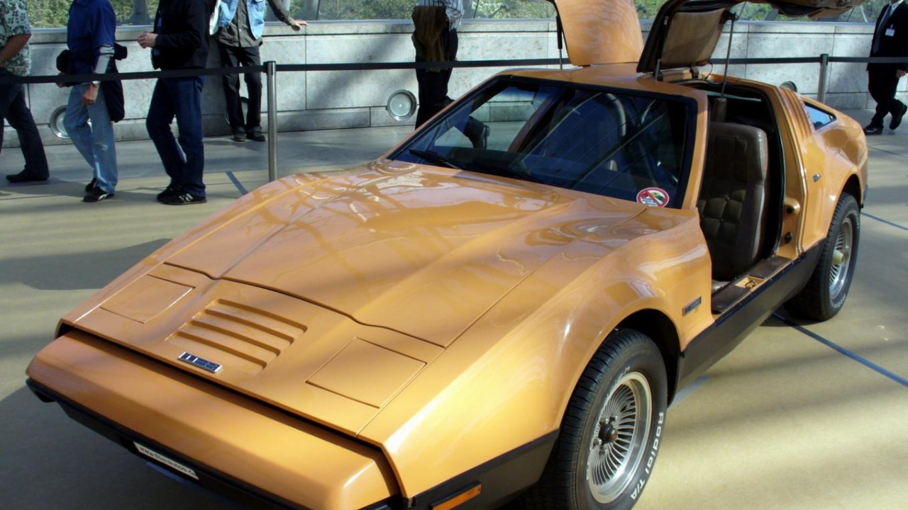 A Bricklin SV-1 with its gullwing doors raised, showing the Bricklin SV-1 gullwing doors