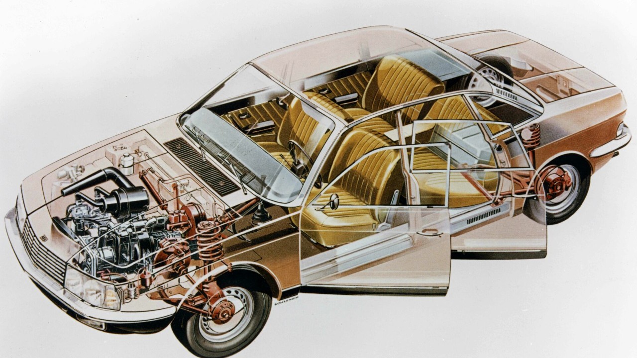 An X-ray cutaway of the NSU Ro 80 showing its Wankel engine and drivetrain