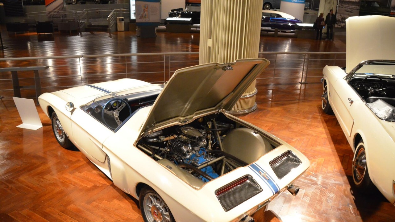 The 1962 Ford Mustang I concept with its engine cover raised