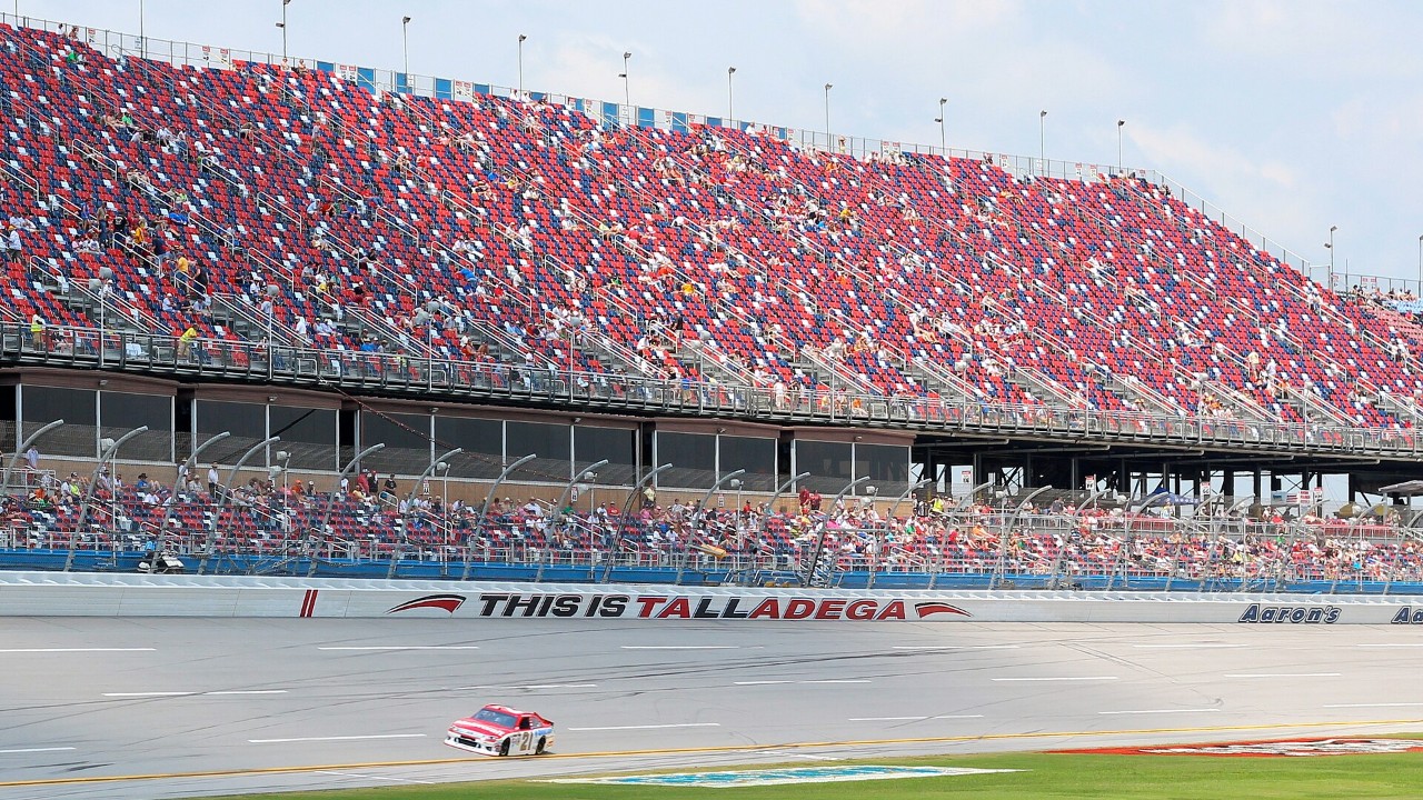 The Talladega Superspeedway grandstands, where the Kyle Larson Talladega win came on the last lap