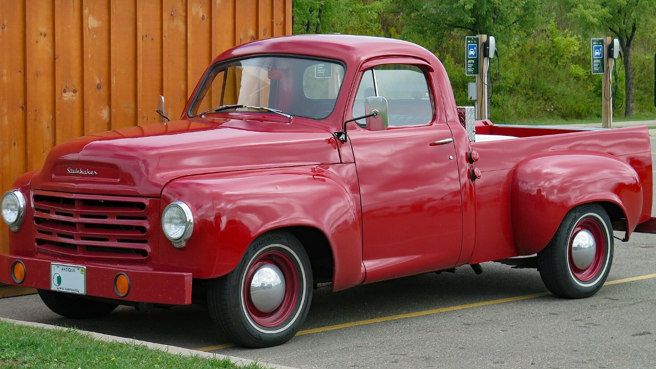 A red 1958 Studebaker Scotsman pickup