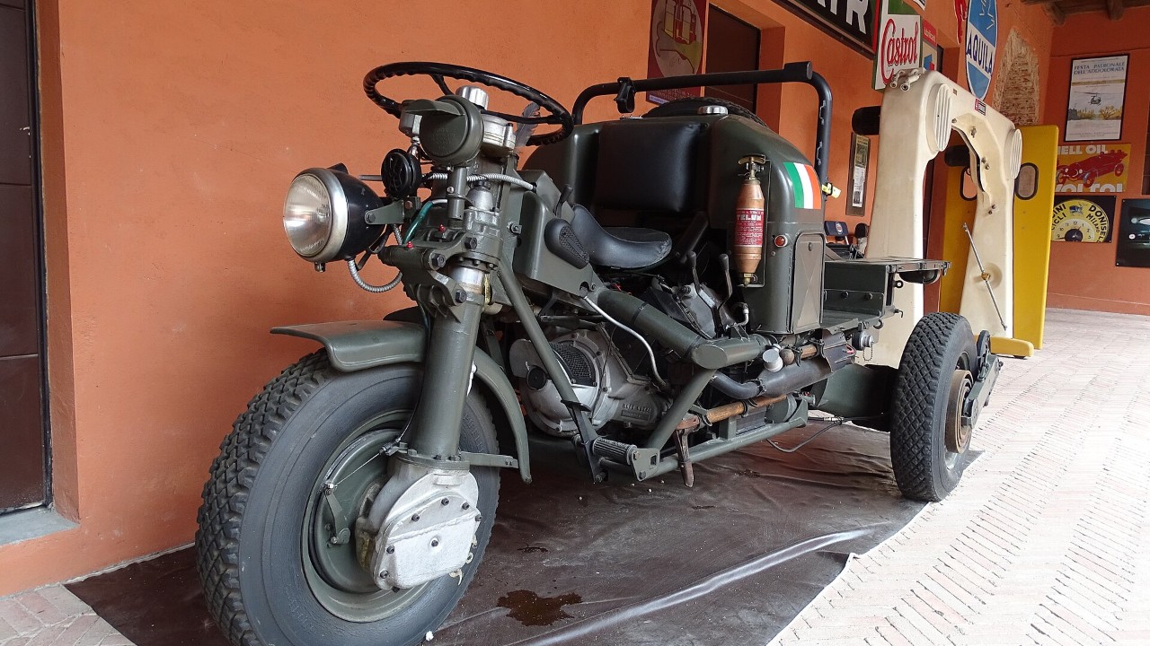 A Moto Guzzi Mulo Meccanico, the military three-wheeler whose engine led to the Moto Guzzi V7 twin, at the Museo Fisogni