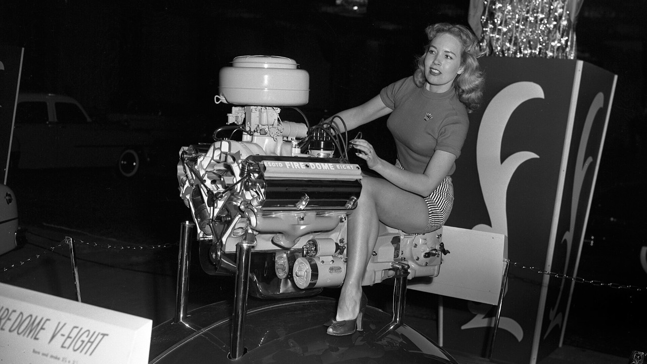 The 1952 DeSoto Firedome V8 engine on display, a milestone among DeSoto models