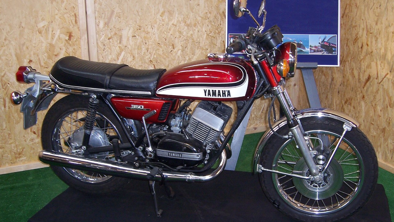 An air-cooled Yamaha RD350 two-stroke twin