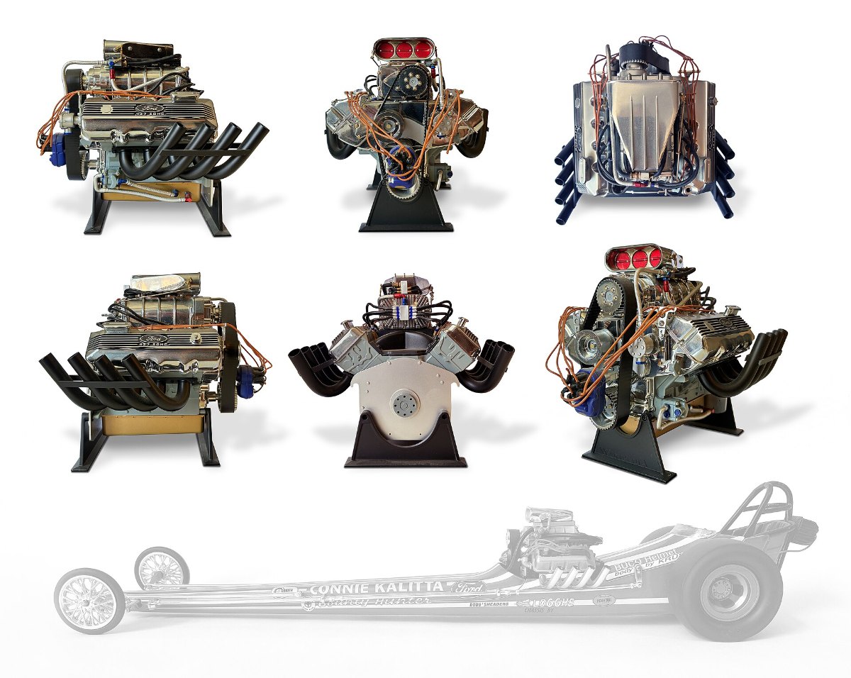 Ford 427 SOHC engines on display, the V8 behind the Cammer NASCAR ban