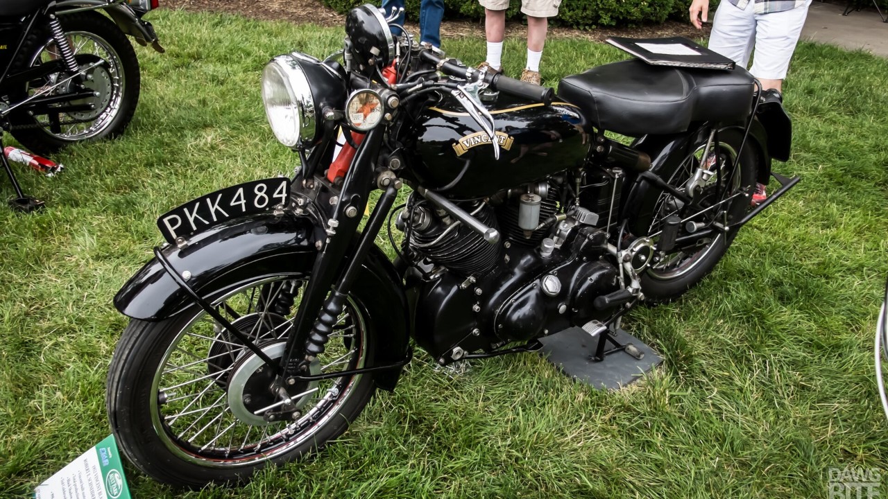 A 1952 Vincent Black Shadow with its black-finished engine cases