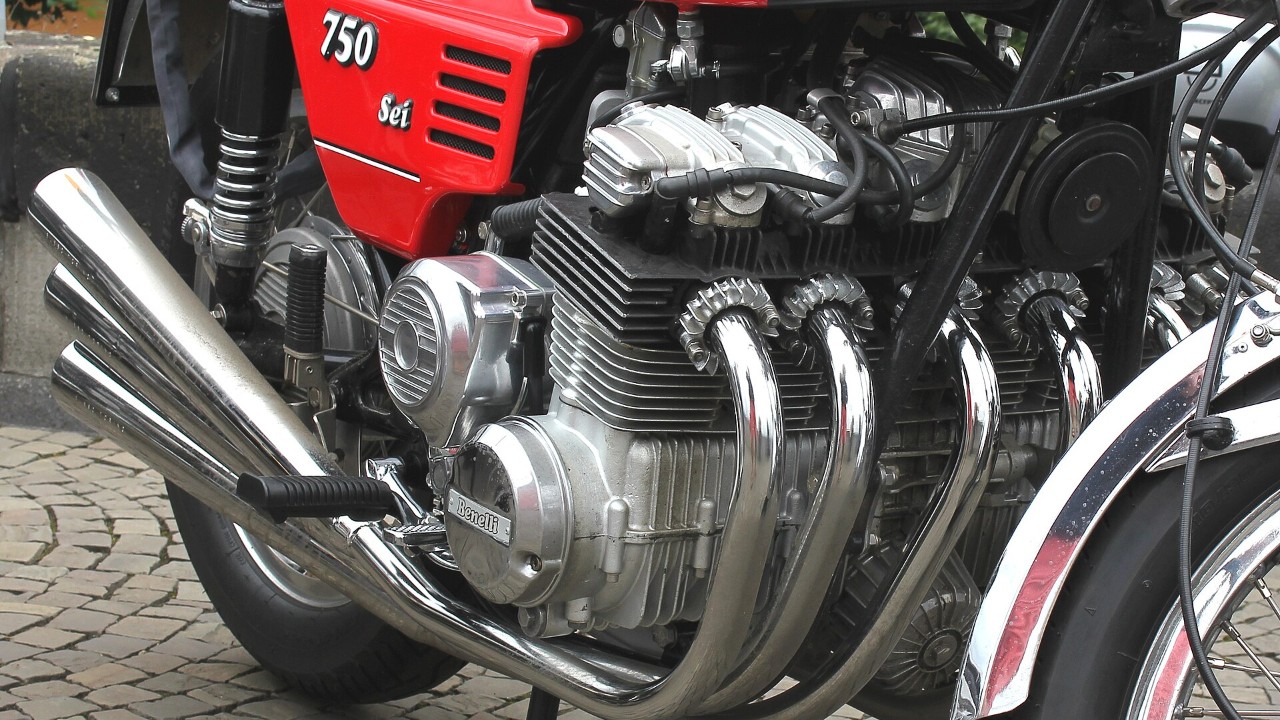 The six-cylinder engine of a Benelli 750 Sei