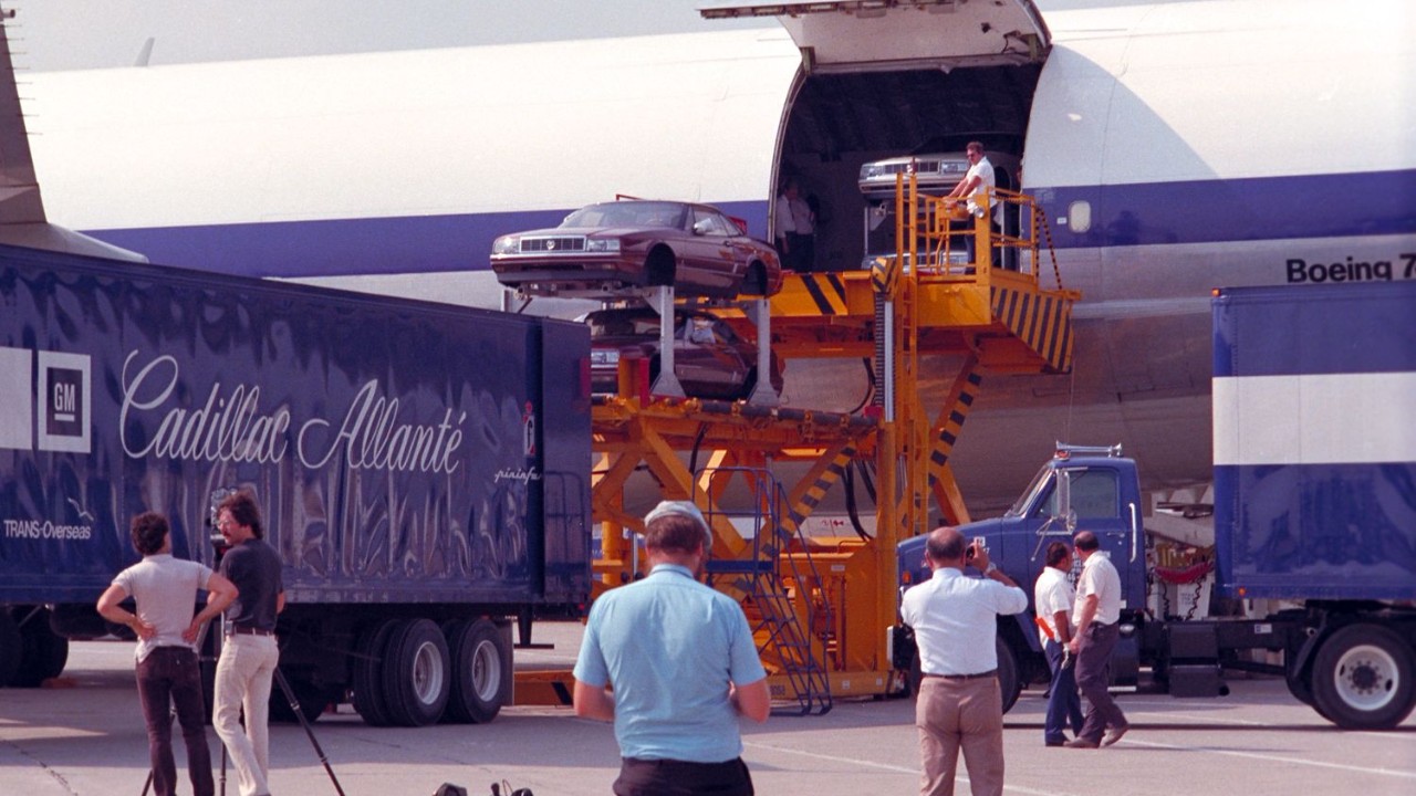 Cadillac Allanté bodies being loaded aboard a 747 for the Cadillac Air Bridge