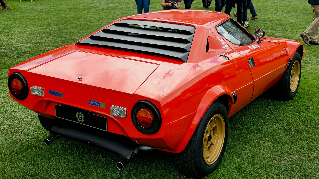 The louvred engine cover of a 1975 Lancia Stratos Stradale