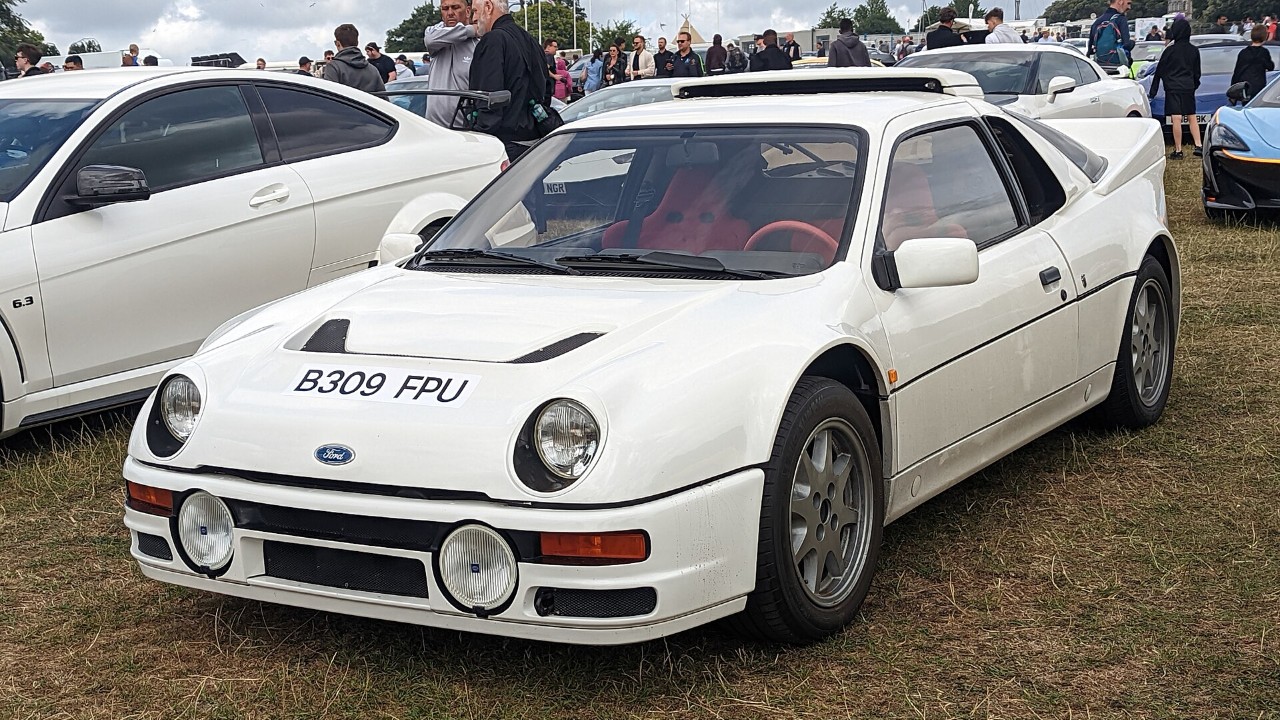 A white 1985 Ford RS200 road car
