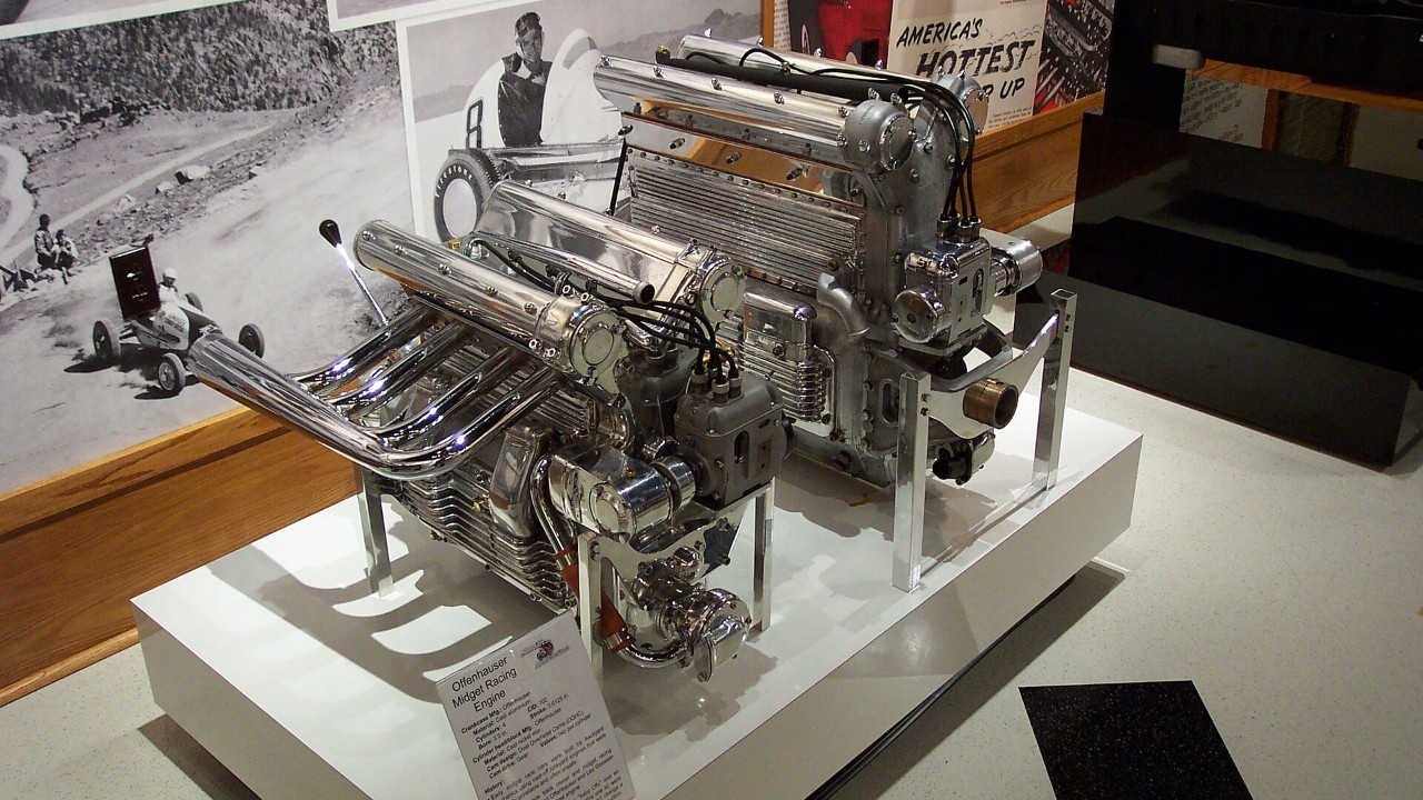 Offenhauser four-cylinder midget racing engines on display, smaller cousins of the Indianapolis engine