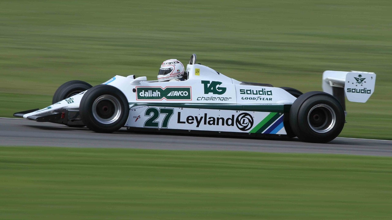 A Williams FW07 at Barber; cars of its era race in the Historic F1 Challenge