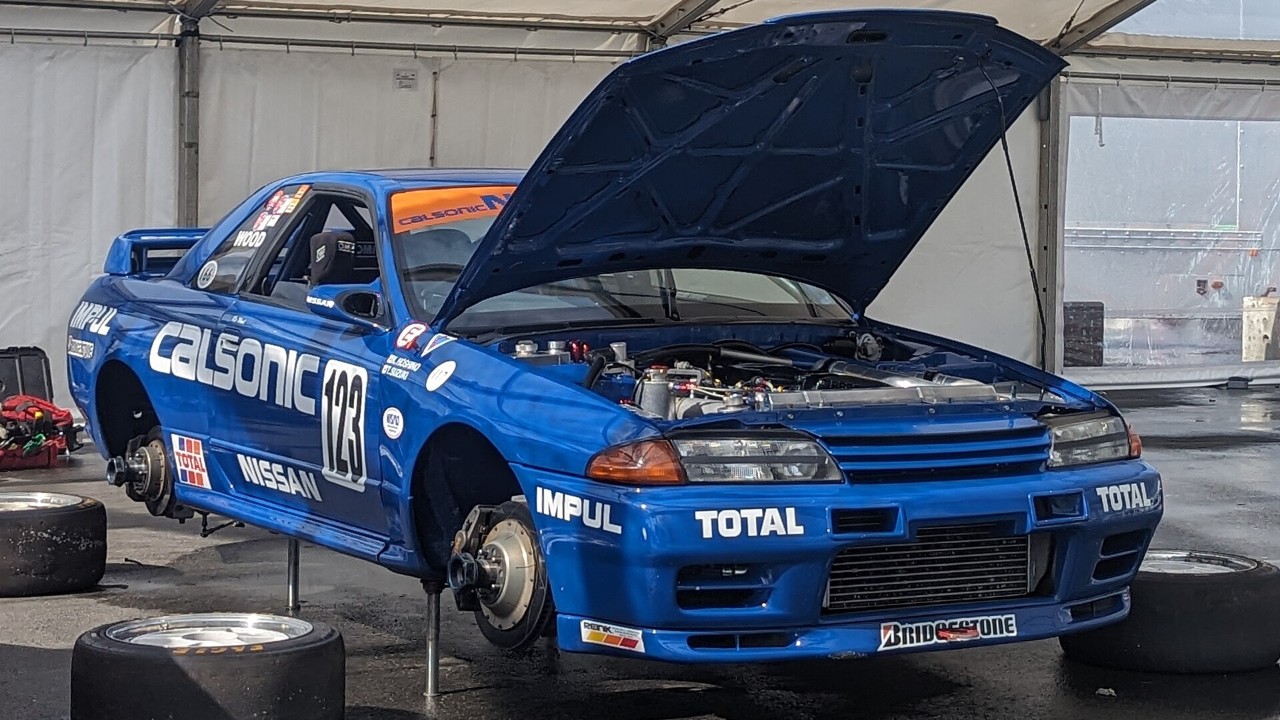 A Group A R32 GT-R race car, the Calsonic Skyline, with its hood open