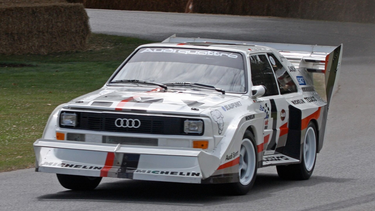 The 1987 Audi Sport quattro S1 Pikes Peak car with its large wings