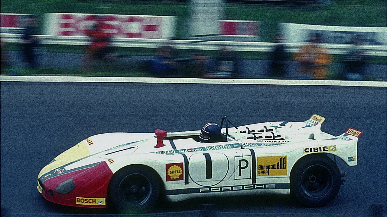 A Porsche 908/02 racing in 1970, the same model as the Steve McQueen Sebring car