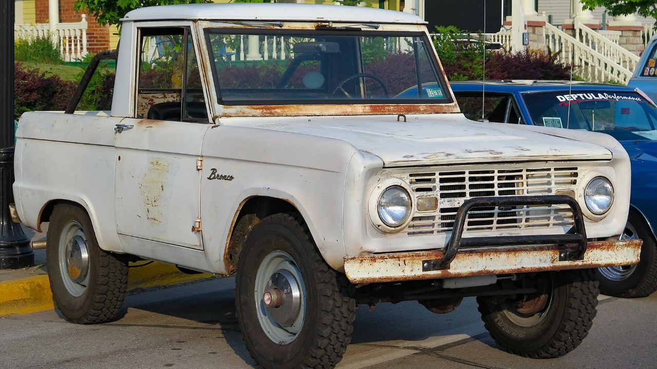 A 1968 Ford Bronco half-cab pickup