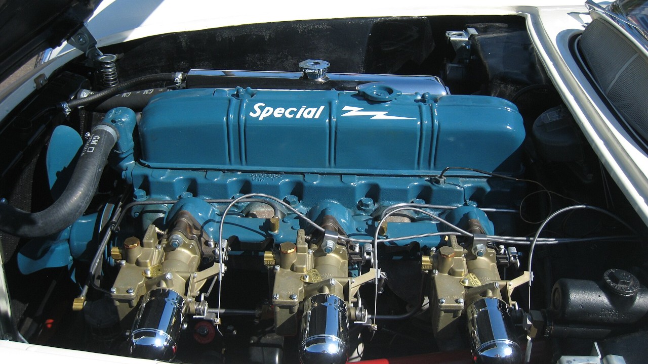 The Blue Flame six in a 1953 Corvette, fed by three carburetors