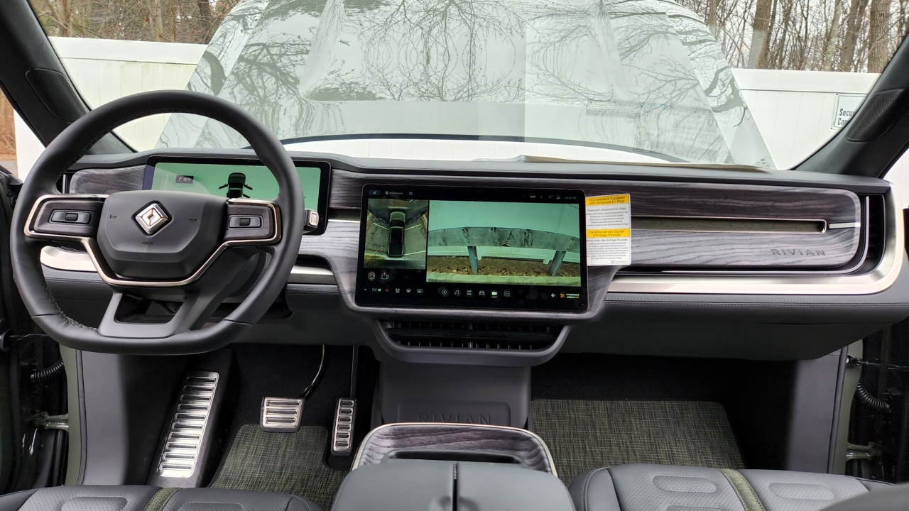 The dashboard and center touchscreen of a Rivian R1T, a model in the Rivian backup camera recall