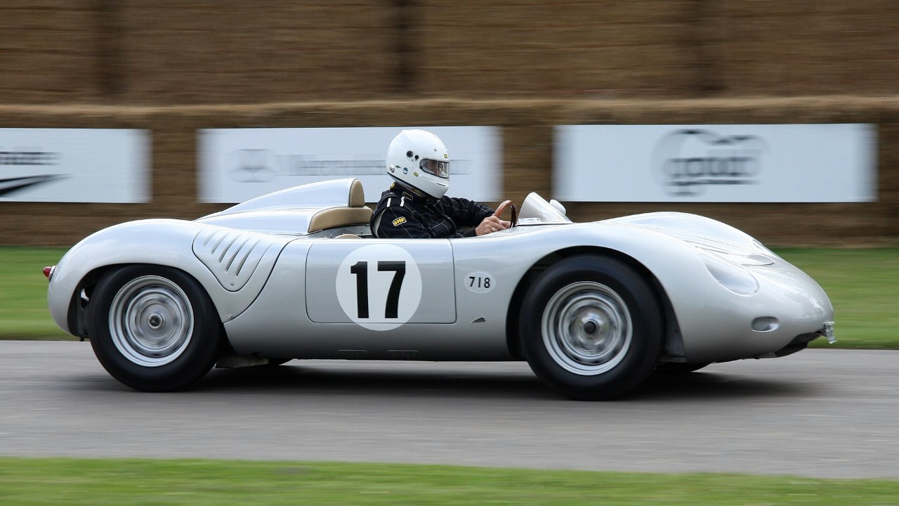 A 1958 Porsche 718 RSK at Goodwood (same model as the event car)